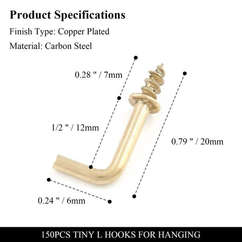 Gold L Shaped Screw Hooks Half Inch Self Tapping Right Angle Square Bend 7 Shape Hook Pack 150 Piece For Wood