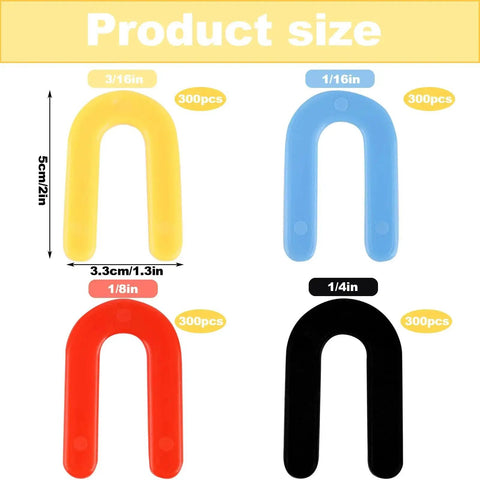 Horseshoe Shims Kit Color Coded U Shaped Plastic Leveling Shims 2x1.3in in blue, red, yellow, black showing 4 thickness sizes