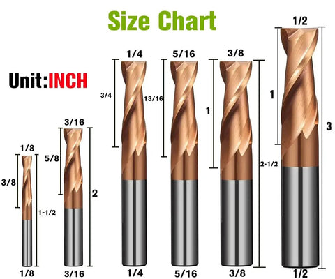 Six Piece Carbide End Mill Set For Steel Upcut CNC Router Bits With Square Nose And Center Cutting TISIN Coated size chart