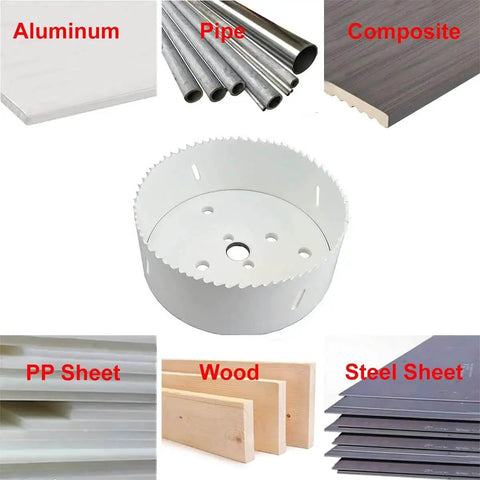 Bi Metal Hole Saw 6-1/4 Inch With Cobalt M42 High Speed Steel Edge surrounded by various materials it can cut: aluminum, pipe, composite, PP sheet, wood, and steel sheet.
