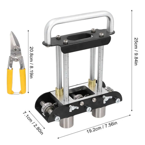 Three Station Aluminum Sheet Roller Bending Machine For Metal Roofing Pro Grade Tool with snips, dimensions listed