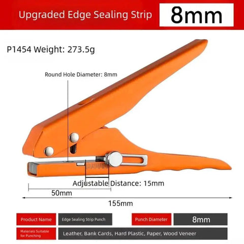 Orange edge sealing strip puncher with adjustable 15mm distance, suitable for leather, cards, hard plastic, paper, and veneer.
