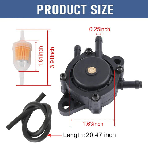 Universal Fuel Pump Replacement For Kohler 17Hp To 25Hp Small Engine Mowers And Tractors Compatible With Honda Yamaha John Deere models in package with dimensions listed
