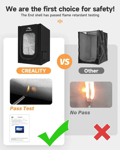 Comparison of Beefy 3D Printer Enclosure Fireproof And Dustproof Tent with another enclosure, showing flame retardancy test results
