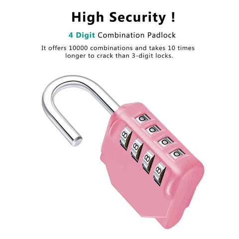 4 Digit Combination Padlock For Outdoor, School And Gym Pink with open shackle showcasing resettable numbers