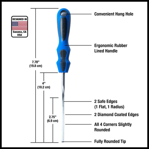 Diamond Coated Guitar Fret End Dressing E File for Fret Sprout and Sharp Ends Deburring Smoothing and Rounding Luthier and Tech Tool for Precision Setup and Quick Fixes by MusicNomad, blue ergonomic handle, measuring details visible.
