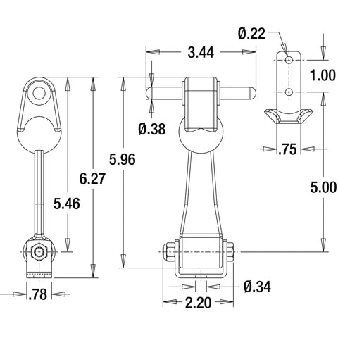 Technical drawing of 6 Inch Heavy-Duty Rubber Hood Catch With Zinc-Plated Brackets And Pin T-Handle Rubber Latch dimensions.
