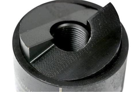 Close-up of Beefy Slug Splitting Conduit Punch Die for 2 Inch Knockout Driver, showing threading and split design.