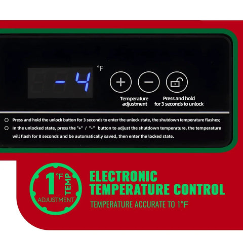 Digital temperature display on 3.5 Cu Ft Chest Freezer With Temperature Display And Removable Basket showing -4°F with control buttons