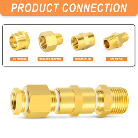 Durable Brass Pipe Fitting Set With 15 Pieces Including Hex Bushings Reducer Adapters And Reducing Nipples Three Eighths Inch NPT To Quarter Inch NPT Solid Brass Construction For Plumbing And DIY From GASHER image showing various components.
