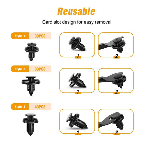 Push Type Retainer Fastener Kit For Subaru Vehicles With 100 Pcs, showing styles 1-3 clips and a fastener remover.