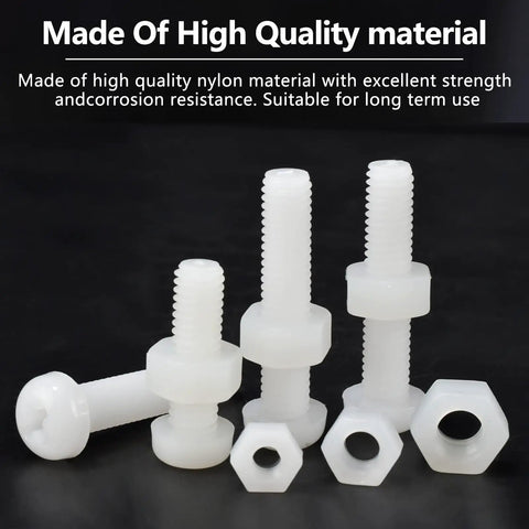 White Nylon Pan Head Bolts And Nuts Kit For M2 To M6 Size Range displayed against black background.