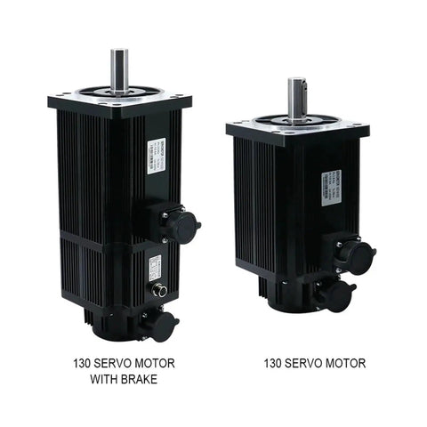 Two 130ST servo motors, left with brake and right without brake, black finned housings with mounting flanges and shafts.