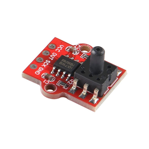 Air pressure sensor module on red PCB with 8-pin IC, mounting hole, labeled GND VCC OUT