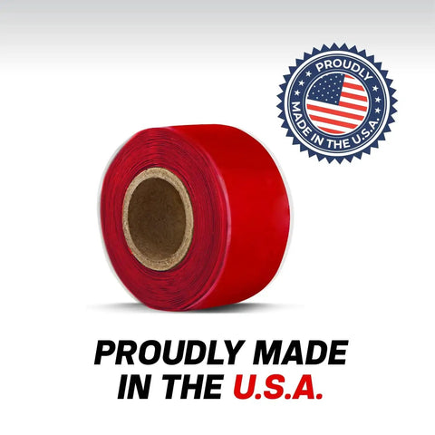Red roll of self-fusing silicone rescue tape with USA badge, ideal for emergency plumbing and radiator hose repair, waterproof and heat resistant.