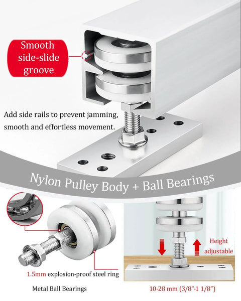 Close-up of a sliding barn door hardware track kit showing nylon pulley and ball bearings for smooth operation.