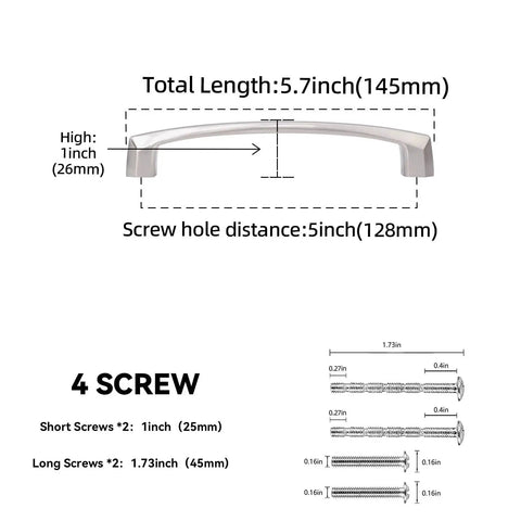 Diagram of 10 Pack 5 Inch Brushed Satin Nickel Cabinet Handles and Drawer Pulls Zinc Alloy dimensions, including screw specifications.