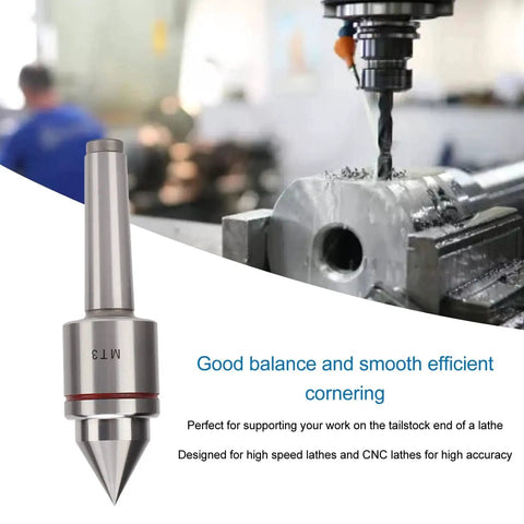 Heavy Duty Live Tailstock Center 60 Degree MT3 For Wood And Metal Lathe CNC Work With Triple Ball Bearing Design shown next to lathe
