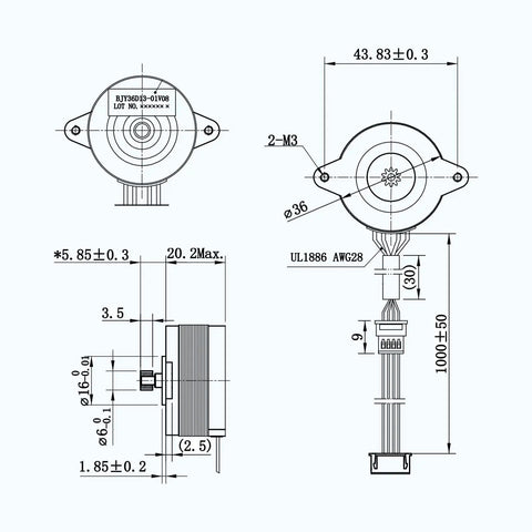 Technical drawing of Red High Temperature 180 Degree NEMA 14 36mm Pancake Stepper Motor dimensions and specifications.
