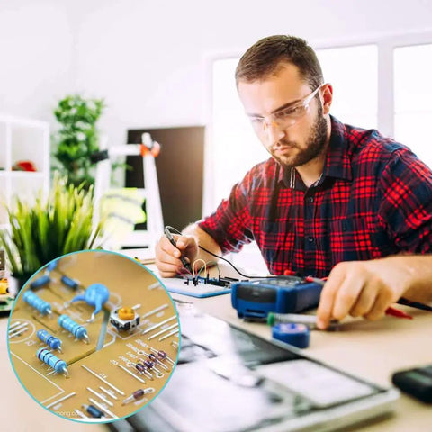 Electronics hobbyist soldering at a workbench; circular inset shows blue axial resistors from a resistor kit.