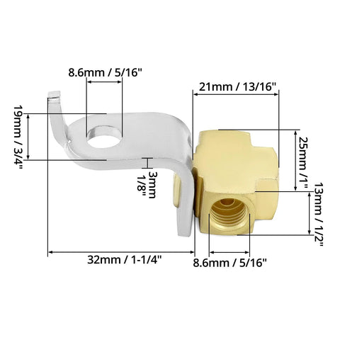 QWORK brass 3-way female brake line tee connector with inverted flare fittings and mounting bracket