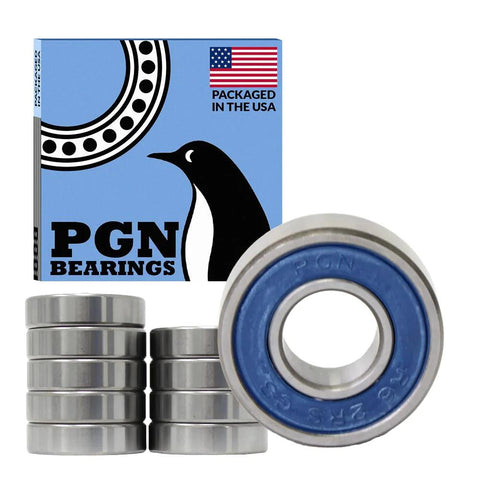 PGN Bearings 10-pack sealed ball bearings with blue rubber seal, chrome steel, box and stacked rollers shown