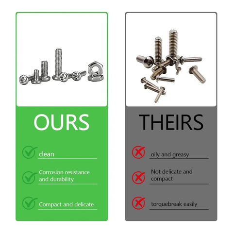 Comparison chart of stainless steel micro screws and nuts kit vs competitor, highlighting differences in quality and durability.