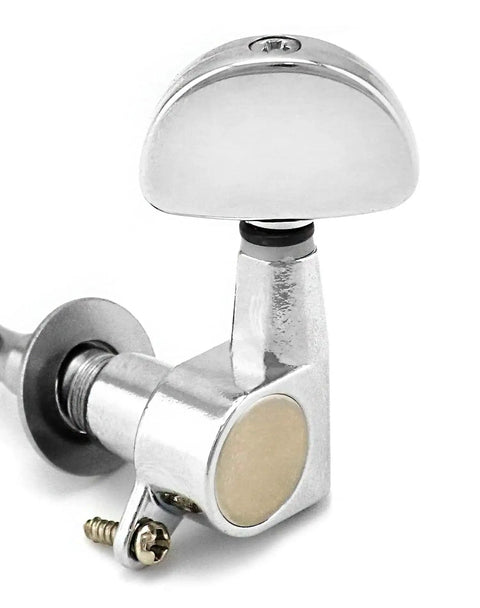 Guitar tuning peg side view; chrome zinc alloy machine head with mounting screw