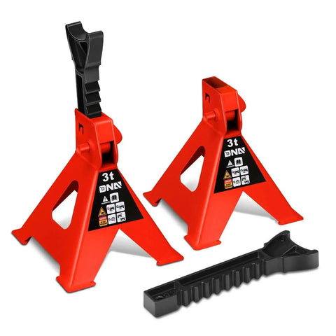 1 Pair 3 Ton Car Jack Stands With Adjustable Height For Cars SUVs Sedans, red steel design, showing front view with support arms