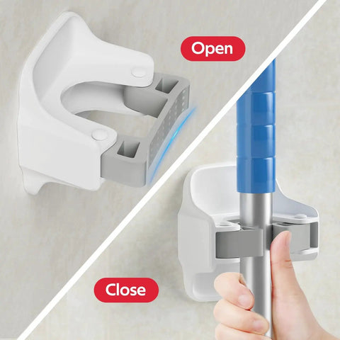 3 Pack Wall Mount Mop And Broom Holder Dustpan Organizer Self Adhesive No Drill showing open and closed states with mop handle.