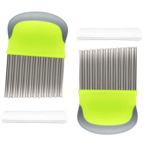 Front view of 2 Pack Crinkle Cutter For Veggies And Potatoes Wavy Slicer Chopper Stainless Steel French Fry Cutter in green and gray handle.