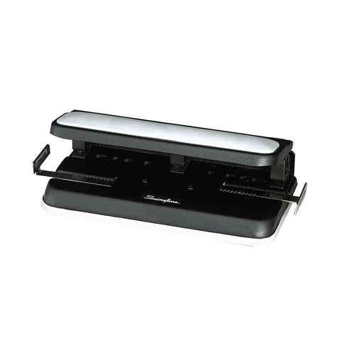 Heavy Duty 2 To 7 Hole Punch With Adjustable Head and Easy Touch Handle, black and gray, side view, office workhorse hole punch