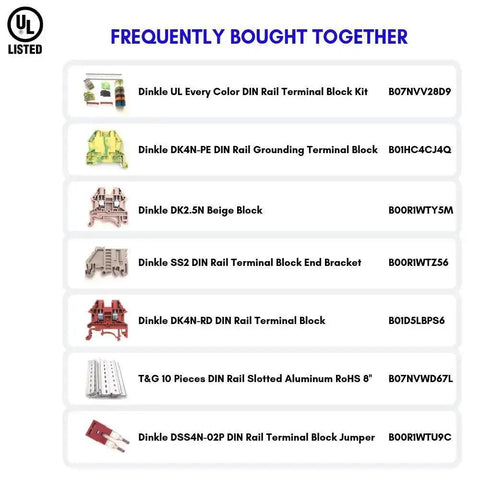 List of frequently bought DIN rail terminal blocks, including DK4N DIN Rail Terminal Block Screw Type UL 600V 30A 10-22AWG Pack Of 100.