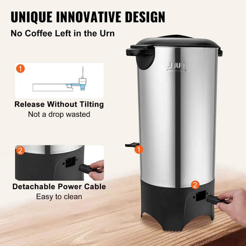 Heavy Duty Coffee Urn 50 Cup 7.5L Stainless Steel Dispenser With Step Discharge Spout For Mess Free Pour, 1000W 110V Electric Brewer