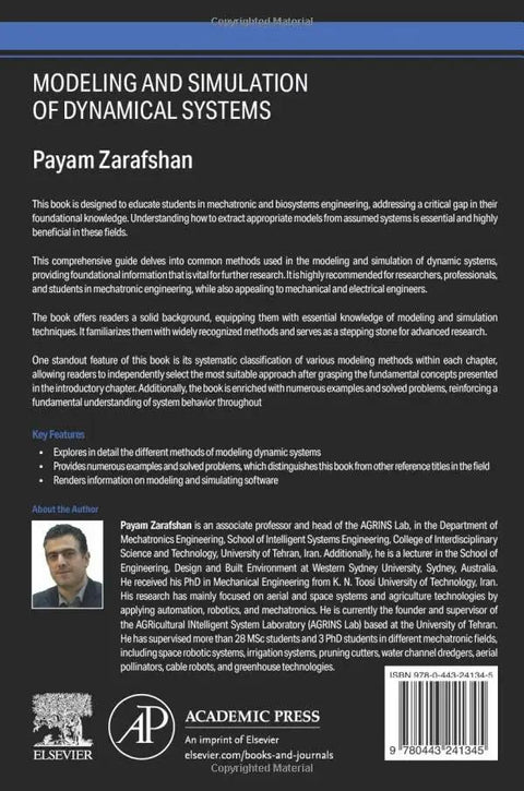 Back cover of the book Modeling and Simulation of Dynamical Systems by Payam Zarafshan, with Academic Press logo.
