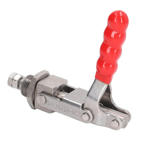 180 Degree Quick Release Push Pull Toggle Clamp With 701 Lbs Holding Capacity, 66.8mm Stroke, visible in stainless steel with red handle