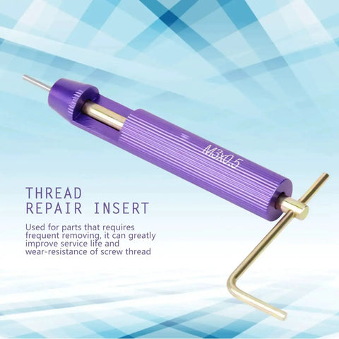 M3 Thread Repair Kit With 50 Pcs Stainless Steel Thread Inserts For 2D Threads purple tool with insert on blue background.