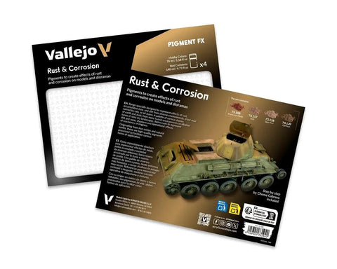 Packaging for Rust And Corrosion Effect Pigment FX Set For Models And Dioramas, Natural Earth And Synthetic Pigments In Four Bottles Of 35 Milliliters