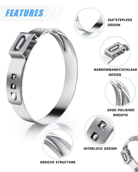 Hose clamp, stainless steel single-ear, adjustable cinch band with polished edge and grooved surface.