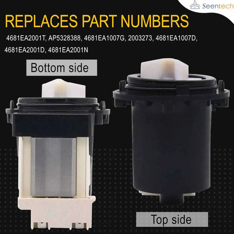 Washer drain pump motor by Seentech; bottom-side view shows metal coil, top-side view shows black housing.