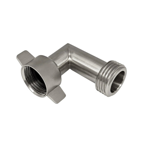 Stainless steel 90-degree hose elbow with easy-grip wings; 3/4" GHT garden hose thread.