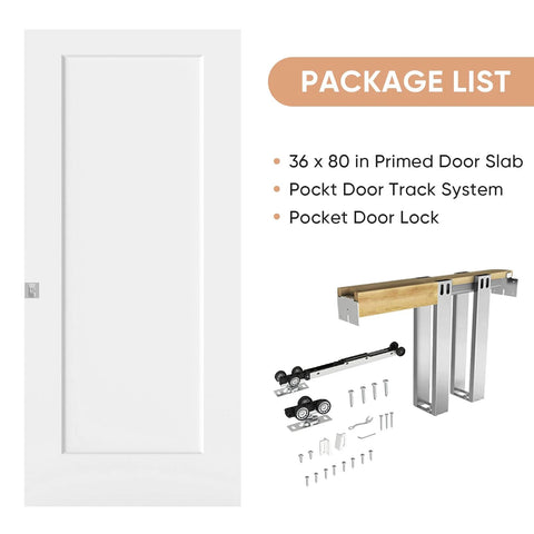 36 By 80 Inch Sliding Pocket Door With Track Hardware And Frame Kit White Paintable Door Slab Satin Nickel Privacy Latch