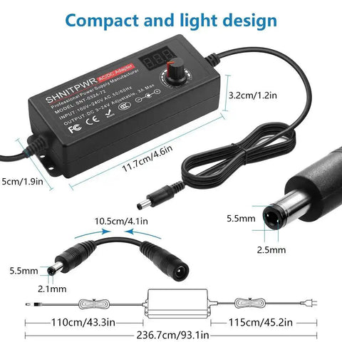Universal 72W Power Supply With Adjustable 3V To 24V DC Output And 3A Cable, USB C PD 65W Fast Charger, compact design