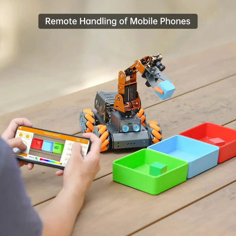 5DOF AI Vision Robotic Arm Kit With Raspberry Pi Powered Smart Robot Car lifting block with Mecanum wheels and remote control
