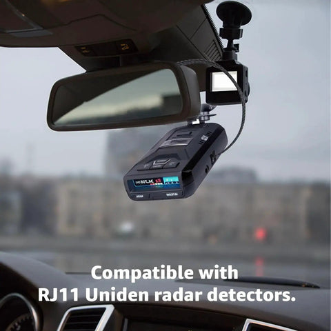 RJ11 Replacement Mirror Wire Power Cord for Uniden Radar Detectors installed on rearview mirror with device visible