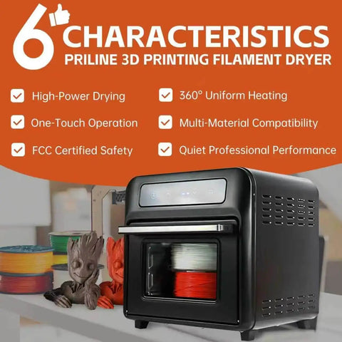 3D Filament Dryer Box With Blower For Fast Drying And Moisture Free Dehydration Of PLA PETG TPU And Carbon Fiber Filaments, Pro Grade Compatibility And Precision Control Up To 80C, featuring dual-spool capability and 1500 RPM fan efficiency, shown in a modern workspace.