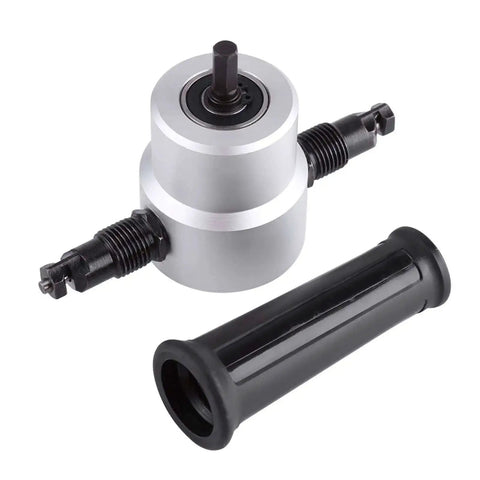 Power Drill Nibbler Attachment for Sheet Metal Cutting Double Head Cutter Electric Metal Cutter Tool Kit with handle shown