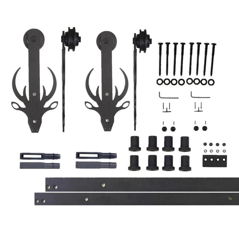 Rustic Black Non Bypass Sliding Barn Door Hardware Kit For Two Doors 9 Ft Flat Track With Durable Nylon Rollers displayed