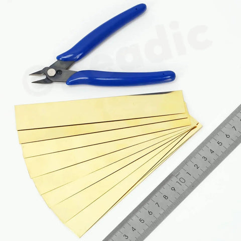 10 Piece Brass Shim Stock Set 6 Inch Long By 1 Inch Wide 0.002 Inch Thick Brass Strips For Metalworking Jewelry Making Diy Projects Smooth Polish Finish with ruler and pliers