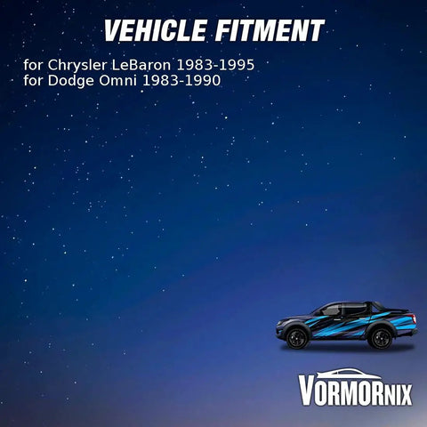 Vehicle fitment chart for Chrysler LeBaron 1983-1995, Dodge Omni 1983-1990, with image of blue and black car on starry background